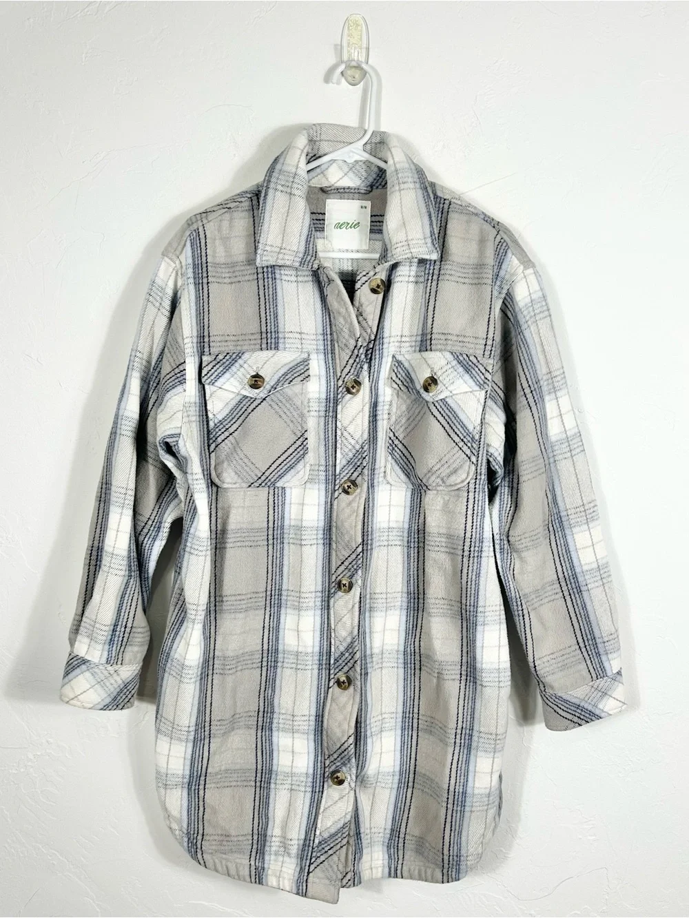 Aerie Oversized Plaid Cotton Flannel Long Shacket Chilly Blue Grey Button Up M